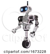 Poster, Art Print Of Robot Containing Dual Retro Camera Head And Cute Retro Robo Head And Bug Eyes And Heavy Upper Chest And No Chest Plating And Unicycle Wheel White Halftone Toon Facing Right View