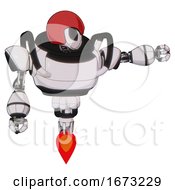 Poster, Art Print Of Automaton Containing Grey Alien Style Head And Black Eyes And Red Helmet And Heavy Upper Chest And Jet Propulsion White Halftone Toon Pointing Left Or Pushing A Button