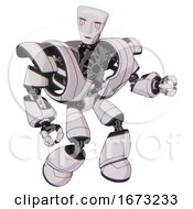 Poster, Art Print Of Automaton Containing Humanoid Face Mask And Blood Tears And Heavy Upper Chest And Heavy Mech Chest And Light Leg Exoshielding White Halftone Toon Fight Or Defense Pose