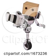 Poster, Art Print Of Cyborg Containing Dual Retro Camera Head And Cardboard Box Head And Light Chest Exoshielding And Ultralight Chest Exosuit And Stellar Jet Wing Rocket Pack And Unicycle Wheel White Halftone Toon