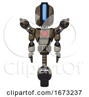 Poster, Art Print Of Android Containing Round Head And Large Vertical Visor And Light Chest Exoshielding And Red Chest Button And Minigun Back Assembly And Unicycle Wheel Desert Tan Painted Front View