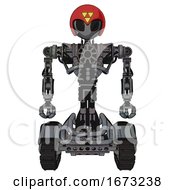 Poster, Art Print Of Mech Containing Grey Alien Style Head And Black Eyes And Triangle Design And Red Helmet And Heavy Upper Chest And No Chest Plating And Tank Tracks Patent Concrete Gray Metal Front View