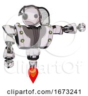 Poster, Art Print Of Robot Containing Oval Wide Head And Barbed Wire Visor Helmet And Heavy Upper Chest And Heavy Mech Chest And Green Cable Sockets Array And Jet Propulsion White Halftone Toon