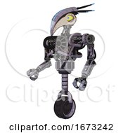 Poster, Art Print Of Bot Containing Bird Skull Head And Big Yellow Eyes And Head Shield Design And Heavy Upper Chest And No Chest Plating And Unicycle Wheel Matted Pink Metal Facing Right View