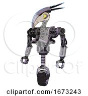 Poster, Art Print Of Bot Containing Bird Skull Head And Big Yellow Eyes And Head Shield Design And Heavy Upper Chest And No Chest Plating And Unicycle Wheel Matted Pink Metal Standing Looking Right Restful Pose