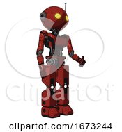 Poster, Art Print Of Bot Containing Oval Wide Head And Yellow Eyes And Retro Antenna With Light And Light Chest Exoshielding And Ultralight Chest Exosuit And Prototype Exoplate Legs Cherry Tomato Red Facing Left View
