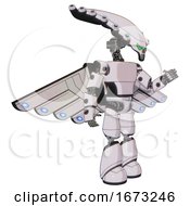 Poster, Art Print Of Mech Containing Flat Elongated Skull Head And Light Chest Exoshielding And Prototype Exoplate Chest And Cherub Wings Design And Light Leg Exoshielding White Halftone Toon Interacting