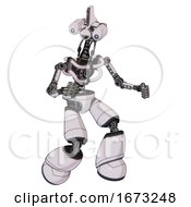 Poster, Art Print Of Automaton Containing Dual Retro Camera Head And Reversed Fin Head And Light Chest Exoshielding And No Chest Plating And Light Leg Exoshielding White Halftone Toon Fight Or Defense Pose