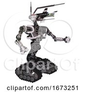 Poster, Art Print Of Automaton Containing Dual Retro Camera Head And Communications Array Head And Heavy Upper Chest And No Chest Plating And Tank Tracks White Halftone Toon Interacting