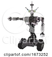 Poster, Art Print Of Automaton Containing Dual Retro Camera Head And Communications Array Head And Heavy Upper Chest And No Chest Plating And Tank Tracks White Halftone Toon Arm Out Holding Invisible Object