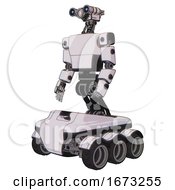 Droid Containing Dual Retro Camera Head And Simple Blue Telescopic Eye Head And Light Chest Exoshielding And Prototype Exoplate Chest And Six Wheeler Base White Halftone Toon Facing Right View