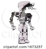 Poster, Art Print Of Bot Containing Flat Elongated Skull Head And Cables And Heavy Upper Chest And No Chest Plating And Prototype Exoplate Legs White Halftone Toon Hero Pose