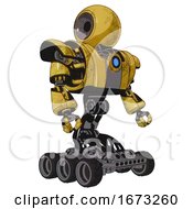 Poster, Art Print Of Cyborg Containing Round Head And Heavy Upper Chest And Heavy Mech Chest And Blue Energy Fission Element Chest And Six-Wheeler Base Construction Yellow Halftone Facing Left View