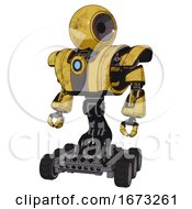Poster, Art Print Of Cyborg Containing Round Head And Heavy Upper Chest And Heavy Mech Chest And Blue Energy Fission Element Chest And Six-Wheeler Base Construction Yellow Halftone Standing Looking Right Restful Pose