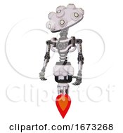 Poster, Art Print Of Droid Containing Techno Multi-Eyed Domehead Design And Light Chest Exoshielding And No Chest Plating And Jet Propulsion White Halftone Toon Standing Looking Right Restful Pose
