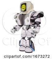 Robot Containing Old Computer Monitor And Pixel Design Of Yellow Happy Face And Heavy Upper Chest And Heavy Mech Chest And Green Cable Sockets Array And Light Leg Exoshielding 
