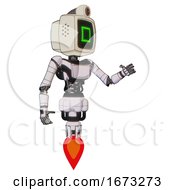 Poster, Art Print Of Bot Containing Old Computer Monitor And Pixel Square Design And Retro-Futuristic Webcam And Light Chest Exoshielding And Ultralight Chest Exosuit And Jet Propulsion White Halftone Toon Interacting