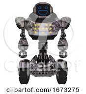 Poster, Art Print Of Automaton Containing Digital Display Head And Wide Smile And Heavy Upper Chest And Colored Lights Array And Tank Tracks Scribble Sketch Front View