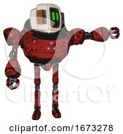 Cyborg Containing Old Computer Monitor And Pixel Line Eyes And Old Retro Speakers And Heavy Upper Chest And Triangle Of Blue Leds And Ultralight Foot Exosuit Grunge Dots Cherry Tomato Red