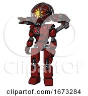 Poster, Art Print Of Mech Containing Oval Wide Head And Sunshine Patch Eye And Barbed Wire Cage Helmet And Light Chest Exoshielding And Red Energy Core And Minigun Back Assembly And Prototype Exoplate Legs Matted Red