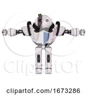 Poster, Art Print Of Mech Containing Oval Wide Head And Small Red Led Eyes And Green Led Ornament And Heavy Upper Chest And Blue Shield Defense Design And Prototype Exoplate Legs White Halftone Toon T-Pose
