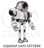 Poster, Art Print Of Android Containing Round Barbed Wire Round Head And Heavy Upper Chest And Blue Shield Defense Design And Ultralight Foot Exosuit White Halftone Toon Facing Left View