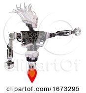 Poster, Art Print Of Cyborg Containing Humanoid Face Mask And Heavy Upper Chest And No Chest Plating And Jet Propulsion White Halftone Toon Pointing Left Or Pushing A Button