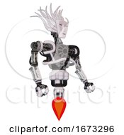 Poster, Art Print Of Cyborg Containing Humanoid Face Mask And Heavy Upper Chest And No Chest Plating And Jet Propulsion White Halftone Toon Facing Left View