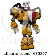 Poster, Art Print Of Droid Containing Humanoid Face Mask And Skeleton War Paint And Heavy Upper Chest And Red Shield Defense Design And Light Leg Exoshielding And Spike Foot Mod Worn Construction Yellow Hero Pose