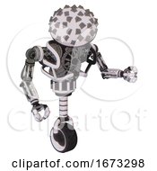 Poster, Art Print Of Automaton Containing Metal Cubes Dome Head Design And Heavy Upper Chest And No Chest Plating And Unicycle Wheel White Halftone Toon Fight Or Defense Pose