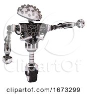 Poster, Art Print Of Automaton Containing Metal Cubes Dome Head Design And Heavy Upper Chest And No Chest Plating And Unicycle Wheel White Halftone Toon Pointing Left Or Pushing A Button