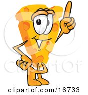 Poster, Art Print Of Wedge Of Orange Swiss Cheese Mascot Cartoon Character Pointing Upwards
