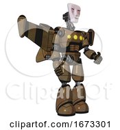 Poster, Art Print Of Automaton Containing Humanoid Face Mask And Blood Tears And Light Chest Exoshielding And Yellow Chest Lights And Stellar Jet Wing Rocket Pack And Light Leg Exoshielding Old Copper Facing Left View