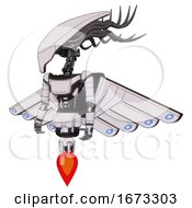Poster, Art Print Of Mech Containing Flat Elongated Skull Head And Cables And Light Chest Exoshielding And Ultralight Chest Exosuit And Cherub Wings Design And Jet Propulsion White Halftone Toon