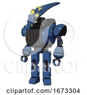 Poster, Art Print Of Bot Containing Flat Elongated Skull Head And Yellow Eyeball Array And Heavy Upper Chest And Chest Vents And Prototype Exoplate Legs Blue Halftone Standing Looking Right Restful Pose