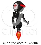 Poster, Art Print Of Bot Containing Round Head And Horizontal Red Visor And First Aid Emblem And Light Chest Exoshielding And Ultralight Chest Exosuit And Jet Propulsion Toon Black Scribbles Sketch Facing Left View