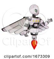 Poster, Art Print Of Mech Containing Grey Alien Style Head And Green Inset Eyes And Light Chest Exoshielding And Yellow Chest Lights And Pilots Wings Assembly And Jet Propulsion White Halftone Toon Interacting