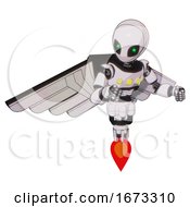 Poster, Art Print Of Mech Containing Grey Alien Style Head And Green Inset Eyes And Light Chest Exoshielding And Yellow Chest Lights And Pilots Wings Assembly And Jet Propulsion White Halftone Toon