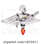 Poster, Art Print Of Mech Containing Grey Alien Style Head And Green Inset Eyes And Light Chest Exoshielding And Yellow Chest Lights And Pilots Wings Assembly And Jet Propulsion White Halftone Toon