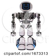 Poster, Art Print Of Android Containing Digital Display Head And Wide Smile And Heavy Upper Chest And No Chest Plating And Light Leg Exoshielding And Megneto-Hovers Foot Mod White Halftone Toon Front View