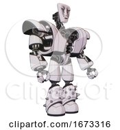 Poster, Art Print Of Android Containing Humanoid Face Mask And War Paint And Heavy Upper Chest And Heavy Mech Chest And Light Leg Exoshielding And Spike Foot Mod White Halftone Toon Facing Left View