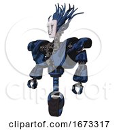 Poster, Art Print Of Droid Containing Humanoid Face Mask And War Paint And Heavy Upper Chest And Heavy Mech Chest And Unicycle Wheel Grunge Dark Blue Standing Looking Right Restful Pose