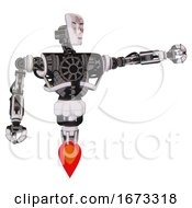 Poster, Art Print Of Mech Containing Humanoid Face Mask And Die Robots Graffiti Design And Heavy Upper Chest And No Chest Plating And Jet Propulsion White Halftone Toon Pointing Left Or Pushing A Button