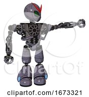 Poster, Art Print Of Mech Containing Grey Alien Style Head And Led Array Eyes And Heavy Upper Chest And No Chest Plating And Light Leg Exoshielding Light Lavender Metal Pointing Left Or Pushing A Button