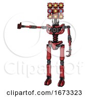 Poster, Art Print Of Android Containing Dual Retro Camera Head And Cube Array Head And Light Chest Exoshielding And No Chest Plating And Ultralight Foot Exosuit Primary Red Halftone Arm Out Holding Invisible Object