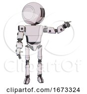 Poster, Art Print Of Bot Containing Round Head And Three Lens Sentinel Visor And Light Chest Exoshielding And Prototype Exoplate Chest And Ultralight Foot Exosuit White Halftone Toon Pointing Left Or Pushing A Button