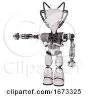 Poster, Art Print Of Robot Containing Flat Elongated Skull Head And Cables And Heavy Upper Chest And No Chest Plating And Light Leg Exoshielding White Halftone Toon Arm Out Holding Invisible Object