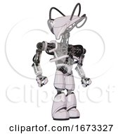 Poster, Art Print Of Robot Containing Flat Elongated Skull Head And Cables And Heavy Upper Chest And No Chest Plating And Light Leg Exoshielding White Halftone Toon Hero Pose