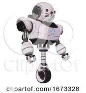 Poster, Art Print Of Bot Containing Round Head And Heavy Upper Chest And Circle Of Blue Leds And Unicycle Wheel And Cat Face White Halftone Toon Facing Left View