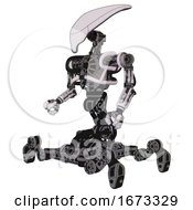 Poster, Art Print Of Android Containing Flat Elongated Skull Head And Heavy Upper Chest And No Chest Plating And Insect Walker Legs White Halftone Toon Facing Right View
